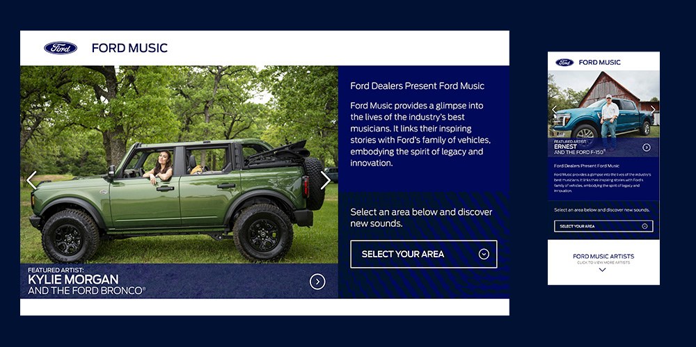 The Ford Music digital hub on desktop and mobile, featuring Kylie Morgan with the Ford Bronco and Ernest with the Ford F-150.