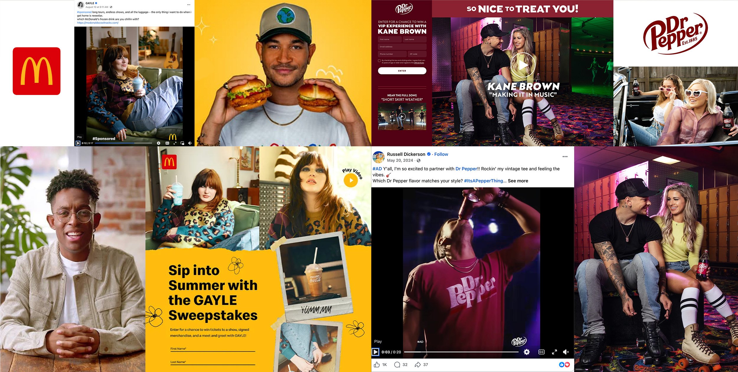 McDonald’s and Dr Pepper campaign work: artist social posts, the GAYLE summer sweepstakes page, the Dr Pepper Kane Brown VIP sweepstakes hub, and partner photography.