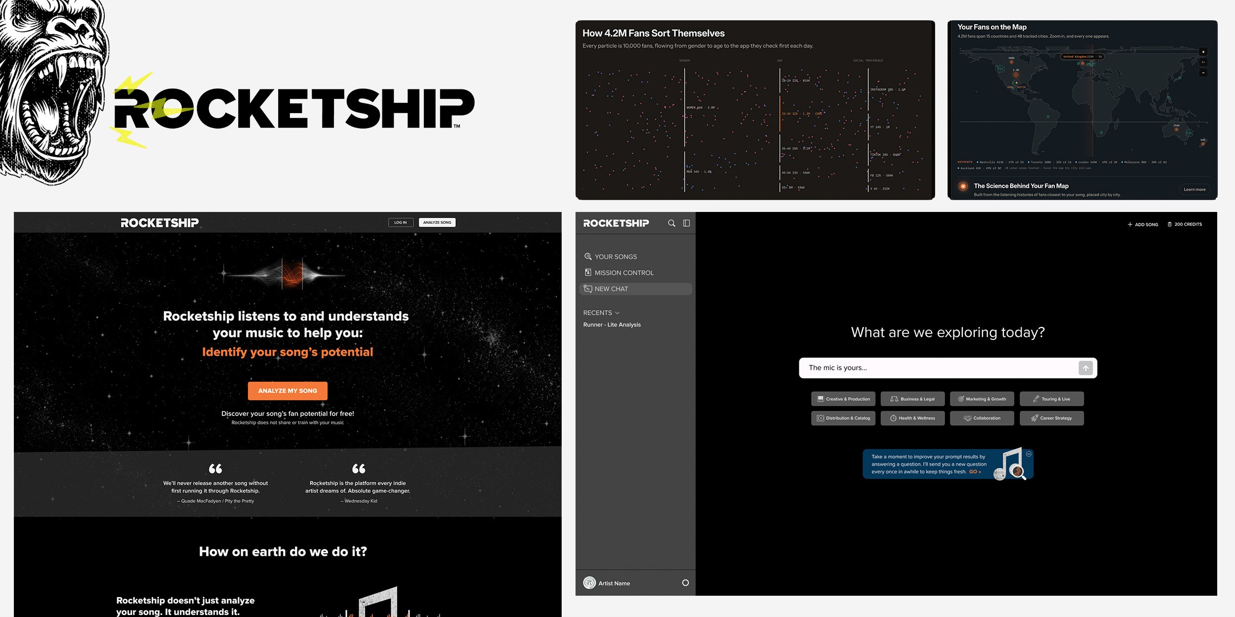 Rocketship brand mark, the marketing site, a data visualization of 4.2M fans sorted by gender, age and social platform, a world fan map, and the AI chat workspace.
