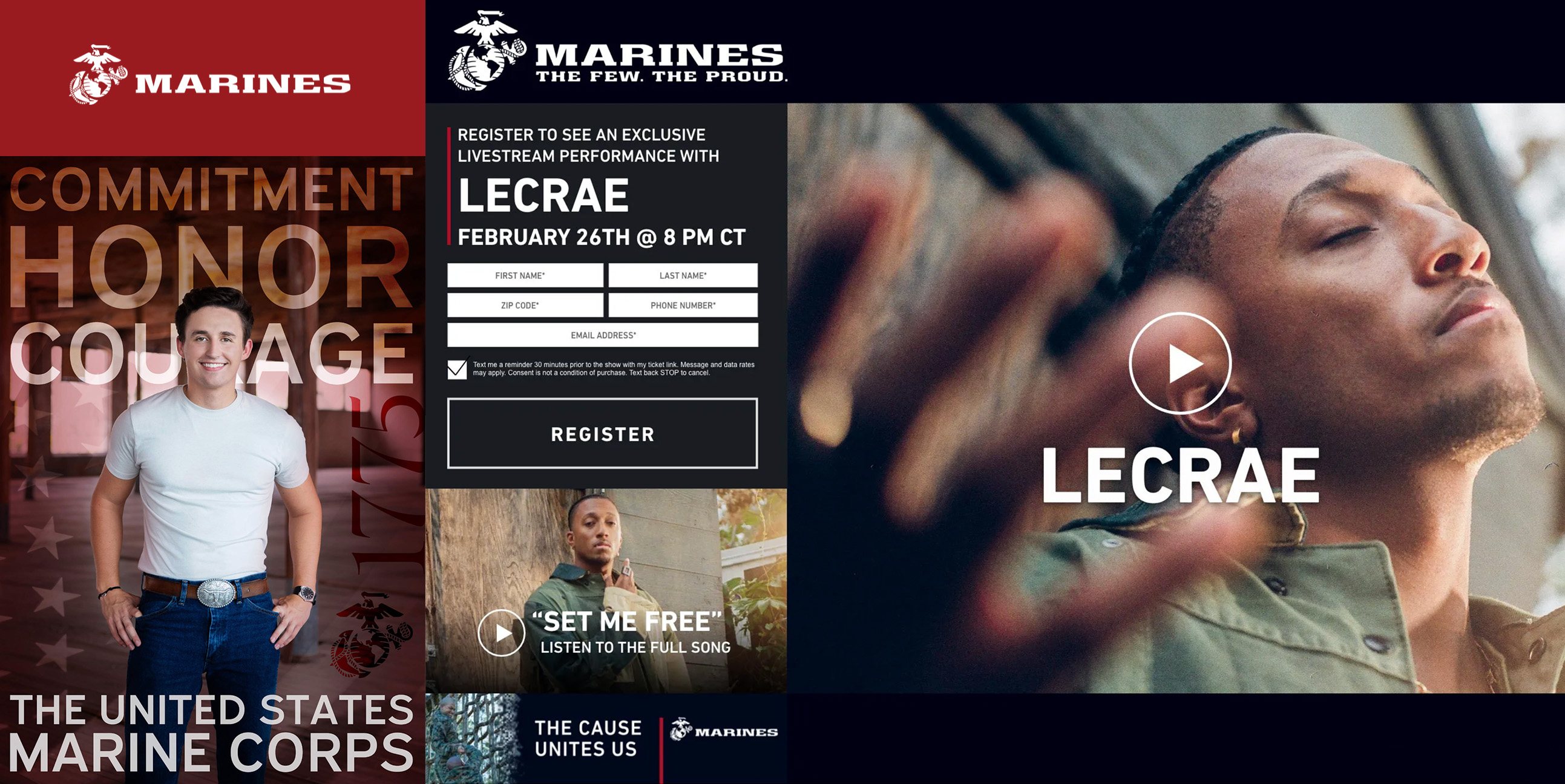 USMC campaign: a Marines recruitment poster, a livestream registration page for an exclusive Lecrae performance, and the Lecrae video hero.
